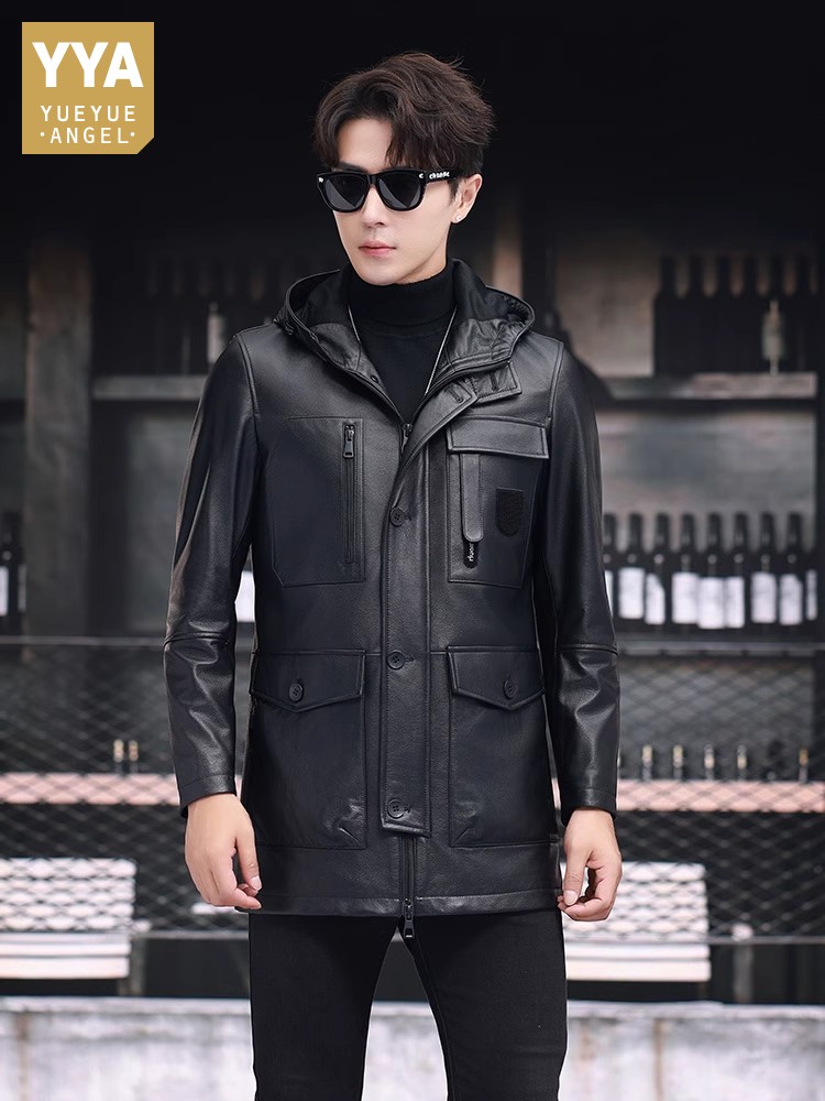 Leather Work Jacket With Hood - Piumino invernale da uomo d'affari da