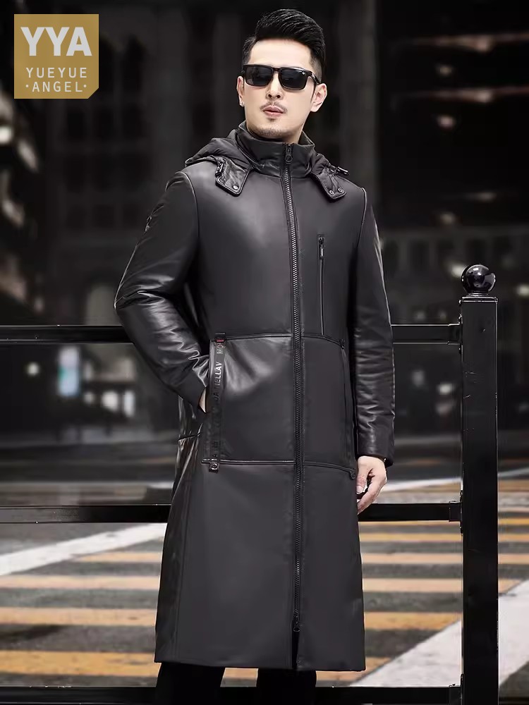 Leather Work Jacket With Hood - Cappotto invernale spesso caldo lungo in