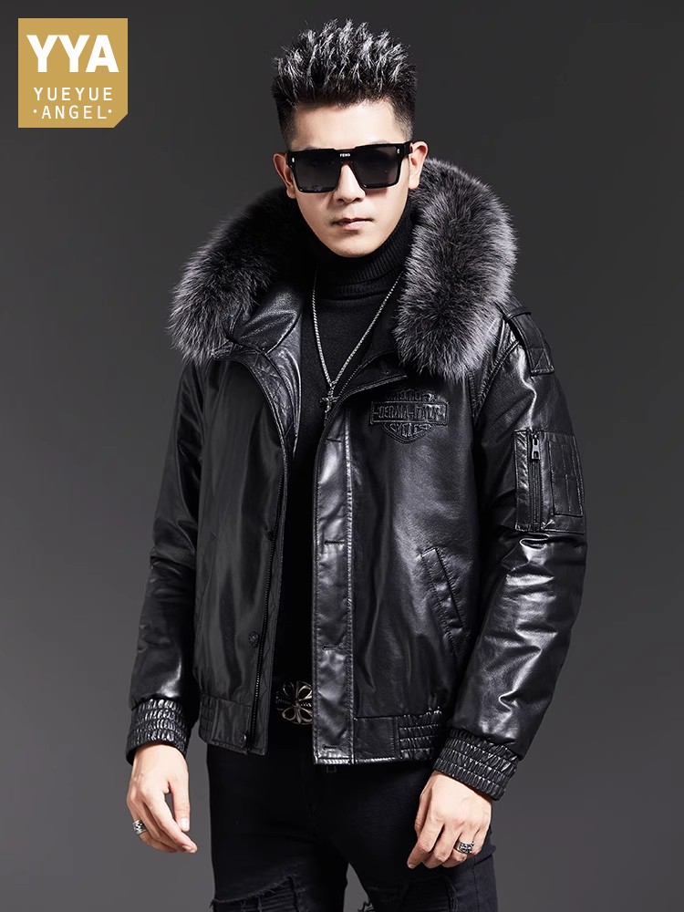 Leather Work Jacket With Hood - Moda uomo inverno collo in pelliccia